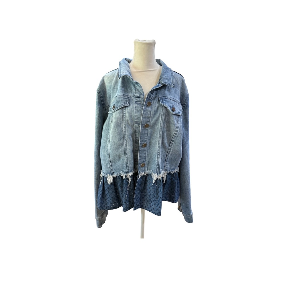 Knox Rose Womens XXL Blue Denim Eyelet Ruffle Lace Up Back Jacket Light Wash